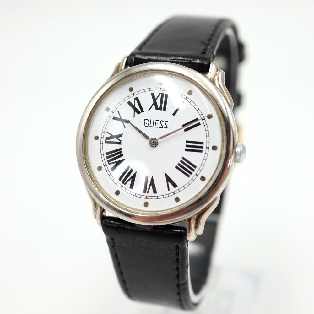 Vintage 1991 Guess Watch 34mm Round Roman Dial Dress Black Leather w New Battery